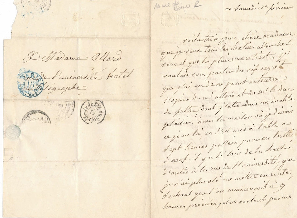 Sophie de BAWR comtesse Saint-Simon lettre autographe Duc de Feltre