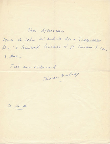 Thérèse AUBRAY (1888-1974), écrivain, poète Billet autographe signé article