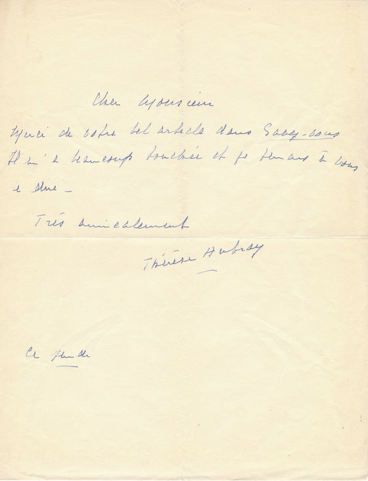 Thérèse AUBRAY (1888-1974), écrivain, poète Billet autographe signé article