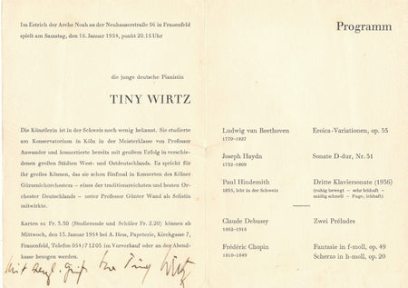 pianiste Tiny WIRTZ programme signé 1954 musique allemagne