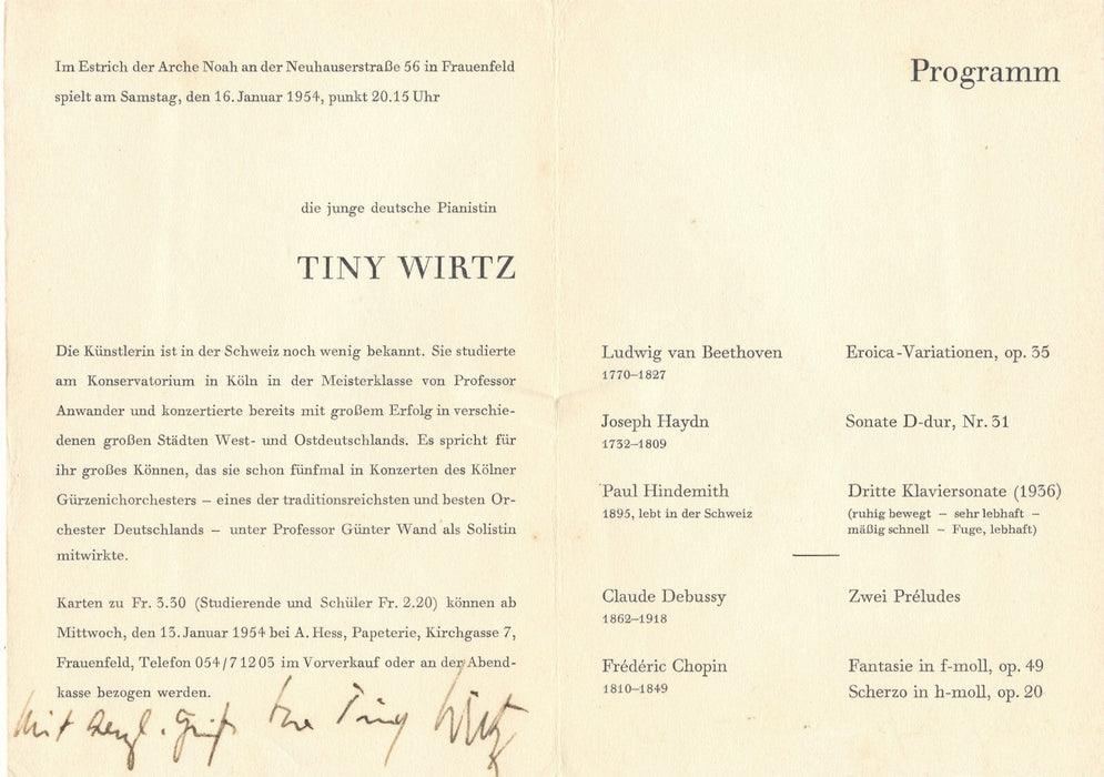 pianiste Tiny WIRTZ programme signé 1954 musique allemagne