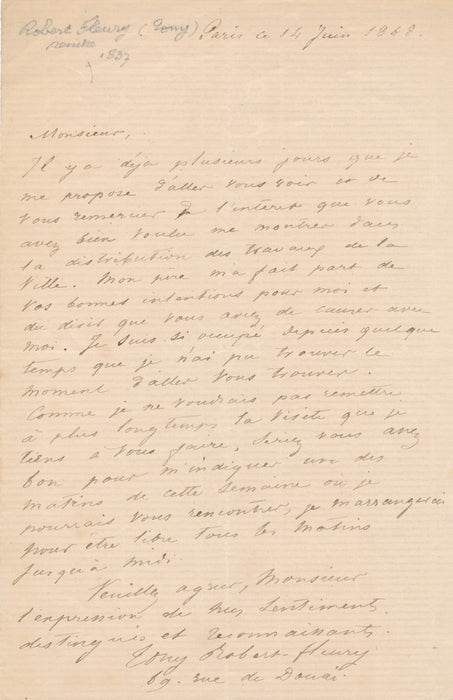 XIXe s. Tony Robert Fleury peintre lettre autographe signée la ville lui distribue des travaux