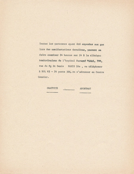Tract de mai 1968 gaz lacrymogène manifestant gazés