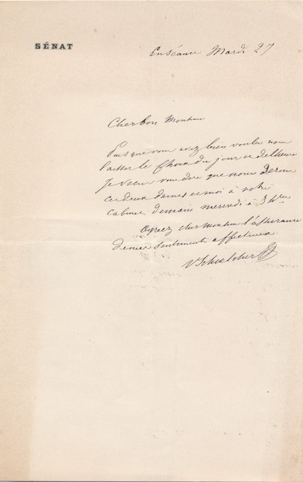 Victor SCHŒLCHER billet autographe signée à sûreté BOUCHER-CADART