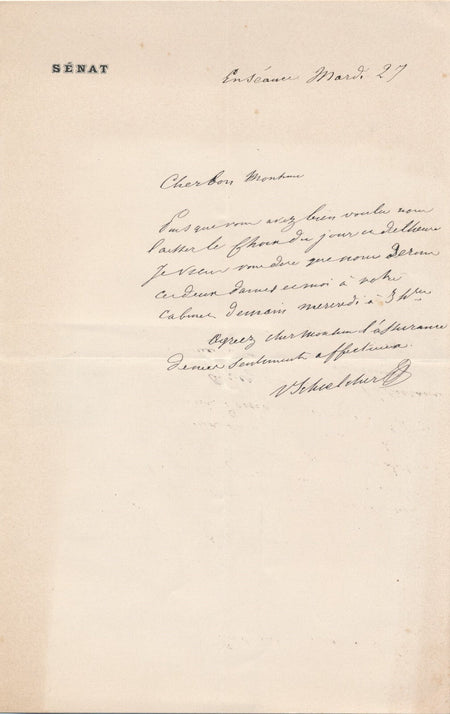 Victor SCHŒLCHER billet autographe signée à sûreté BOUCHER-CADART