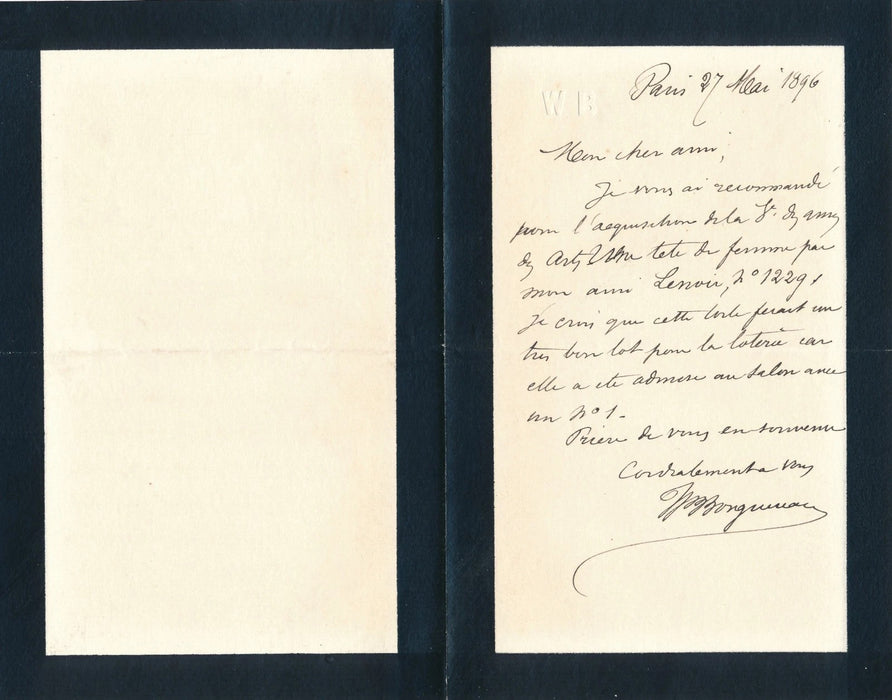 William Bouguereau peintre fait acheter une tête de Lenoir lettre autographe signée
