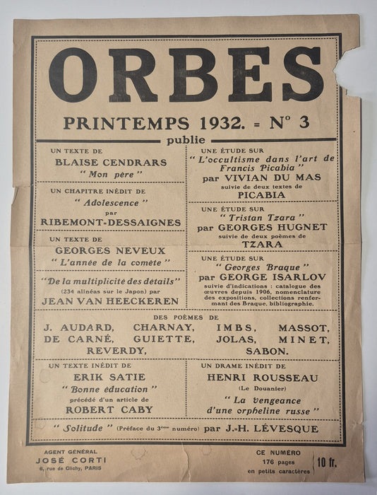Affichette sortie n° 3 revue ORBES printemps 1932 Cendrars Picabia Satie...