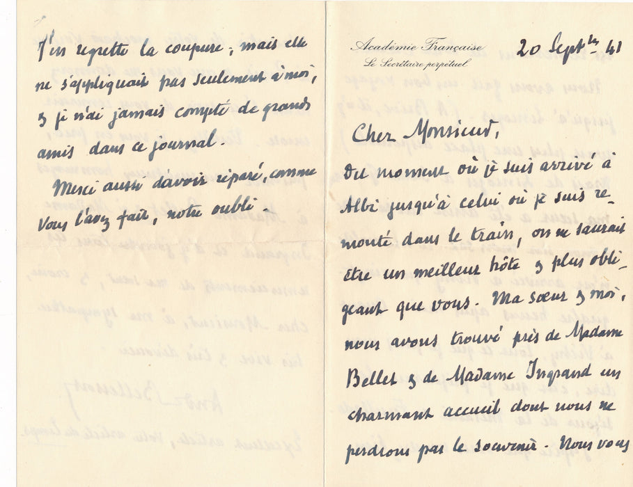 écrivain André Bellessort son voyage à Albi correspondance 4 documents autographes signés