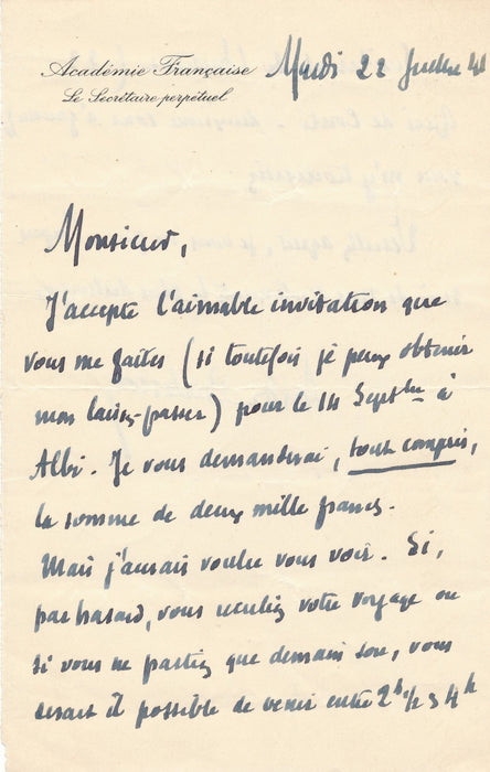 écrivain André Bellessort son voyage à Albi correspondance 4 documents autographes signés