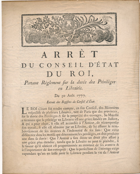 Arrêt Conseil Etat durée privilèges Librairie 30 août 1777 imprimé droit auteur