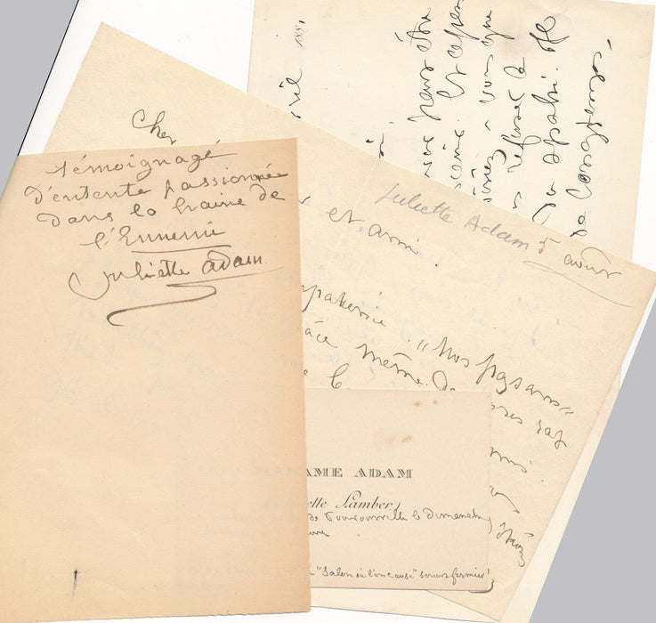 Lot Juliette ADAM écrivaine féministe 3 documents autographes et carte visite