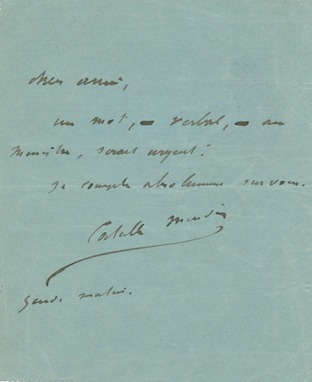 Catulle Mendès billet autographe signé à Alfred Naquet veut voir le ministre !