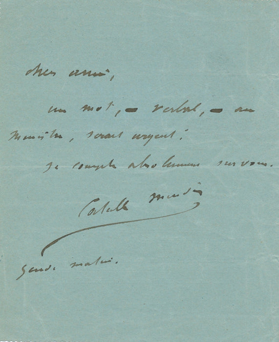 Catulle Mendès billet autographe signé à Alfred Naquet veut voir le ministre !
