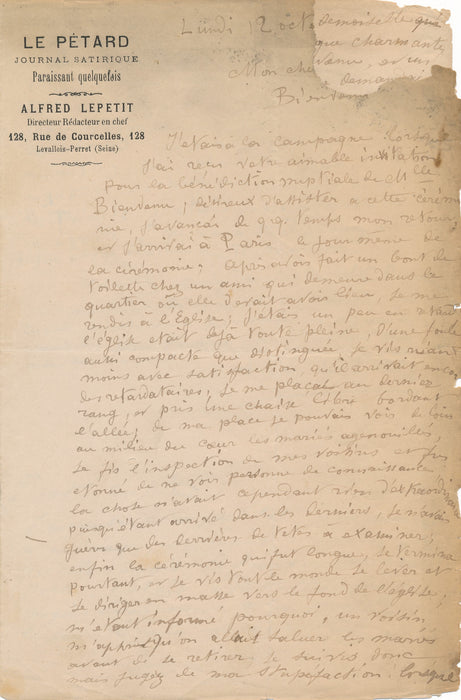 XIXe s. le caricaturiste Alfred LE PETIT se trompe d'église ! amusante lettre autographe
