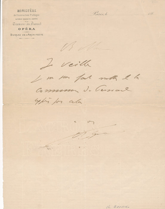architecte Charles GARNIER veille billet autographe signé