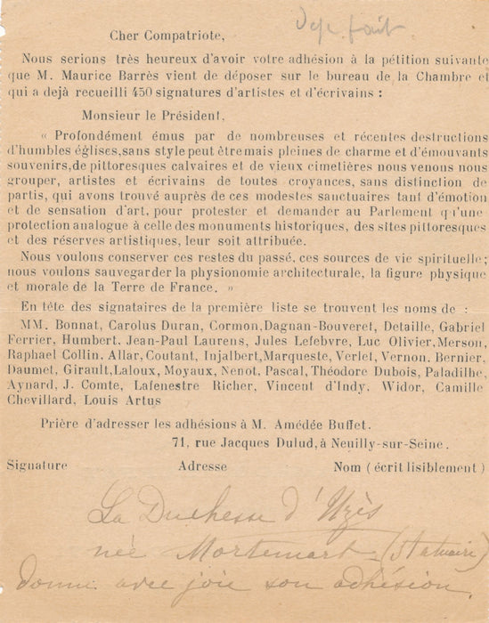 duchesse d’Uzès au peintre Amédée Buffet défense du patrimoine religieux Barrès