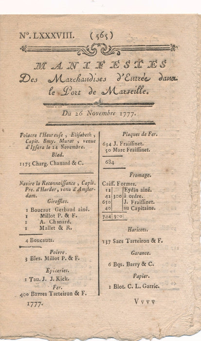 Manifestes des entrées de marchandises port Marseille imprimé 1777 26 novembre