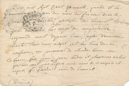 Copie 1782 extrait mortuaire de 1744 commune Leoncel Drôme Magdeleine Reynaud