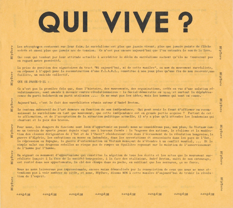 groupe RUPTURE littérature 2 tracts v. 1960 Qui vive ? - Marche noir surréalisme
