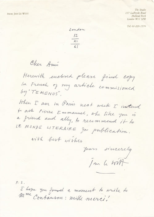 XXe s. Jan Le Witt lettre autographe signée et manuscrit dactylographié 12 p. sur l art