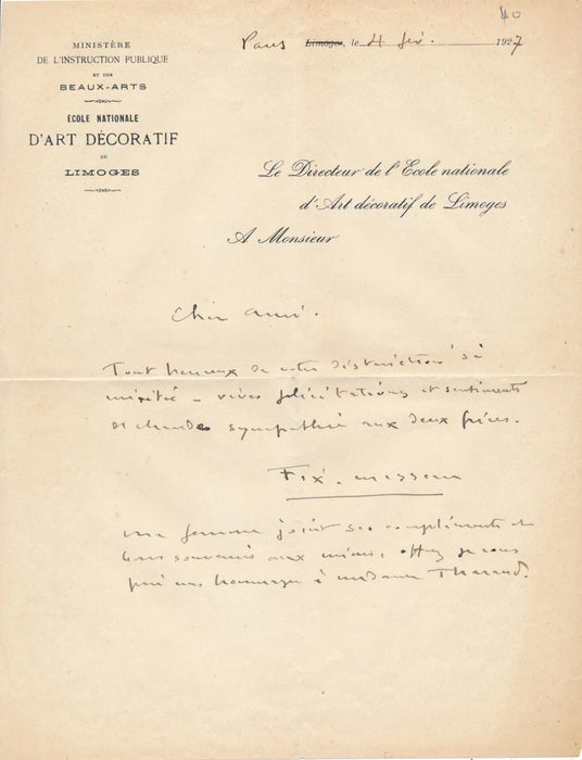 Pierre Félix dit Fix-Masseau lettre autographe signée Limoges Tharaud ? 1927