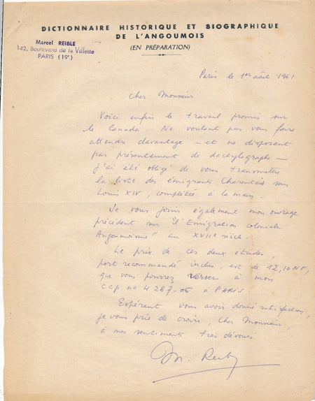 M. REIBLE Charente Angoumois émigrés Canada Louis XIV et XV autographe