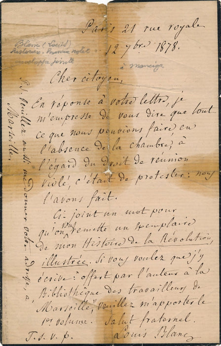 Politique Louis Blanc droit réunion Marseille ouvrage Bibliothèque autographe