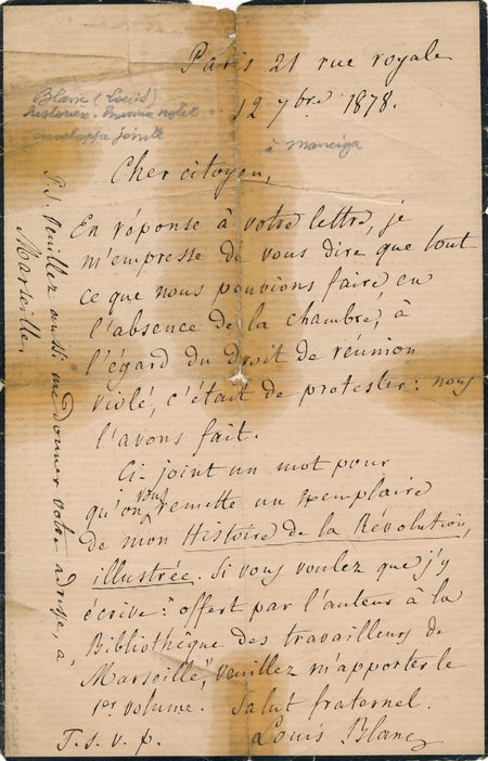 Politique Louis Blanc droit réunion Marseille ouvrage Bibliothèque autographe