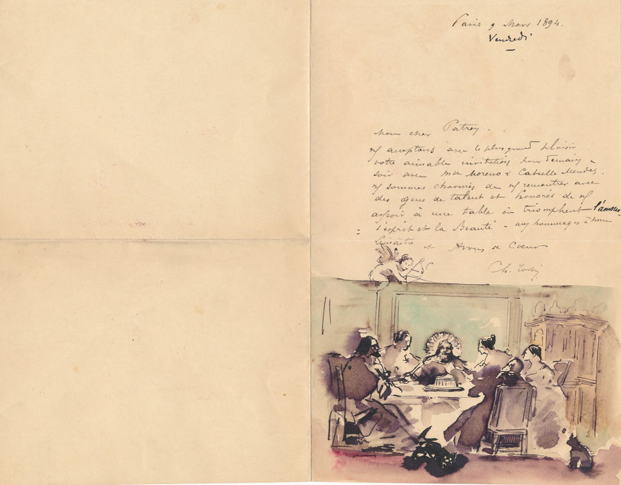 Lettre manuscrite signée accompagnée d'un dessin à l'encre