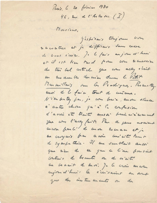 Lucien Marsaux lettre autographe signée métier d'écrivain Les Prodigues 1930