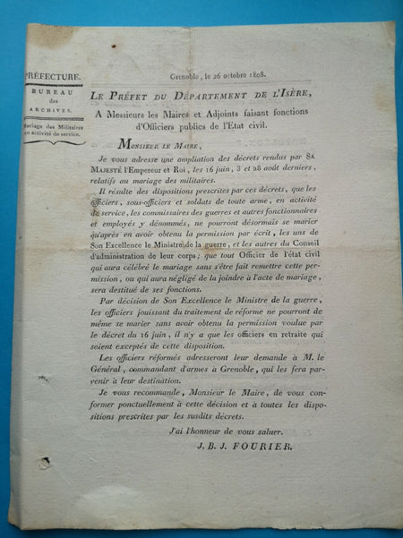 Imprimé, Grenoble, préfet de l’Isère, 1808 mariage des militaires
