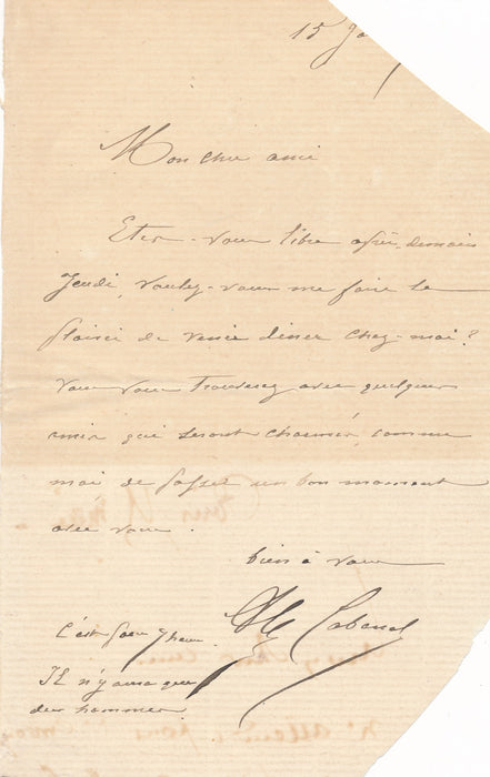 XIXe s. peintre Alexandre CABANEL que des hommes ! lettre autographe signée