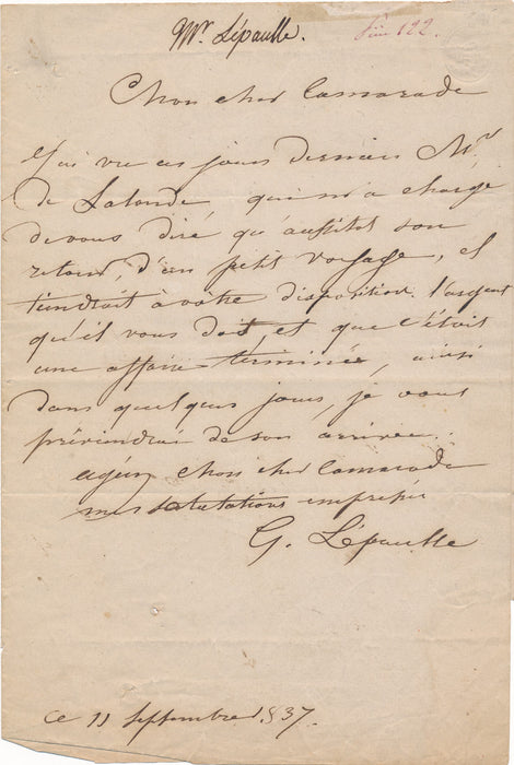 peintre François-Gabriel Lépaulle lettre autographe signée à Lalande une somme due