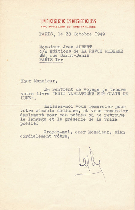 Pierre Seghers la vraie poésie lettre signée poésie Jean Aubert
