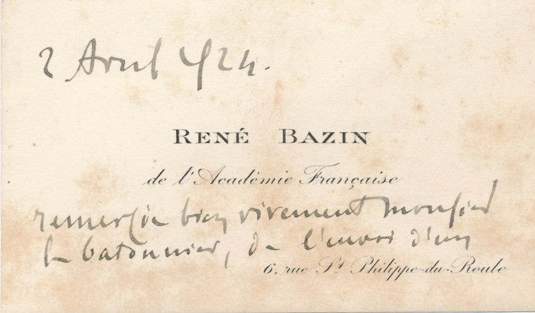 écrivain René BAZIN et le courage carte de visite autographe signée