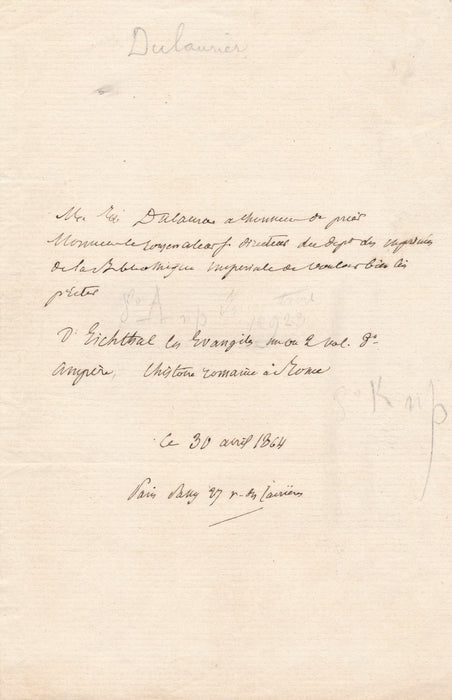 linguiste Édouard Dulaurier demande Le Evangiles bille autographe signé Eichthal