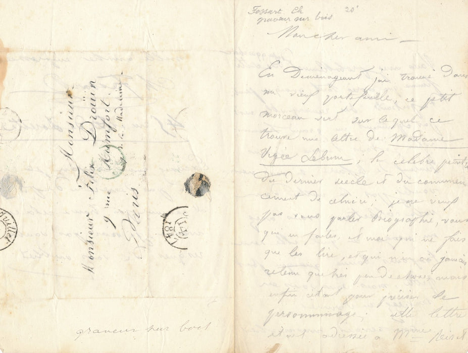 lettre Fessart graveur a trouvé lettre Vigée Le Brun autographe signée  à Drouin