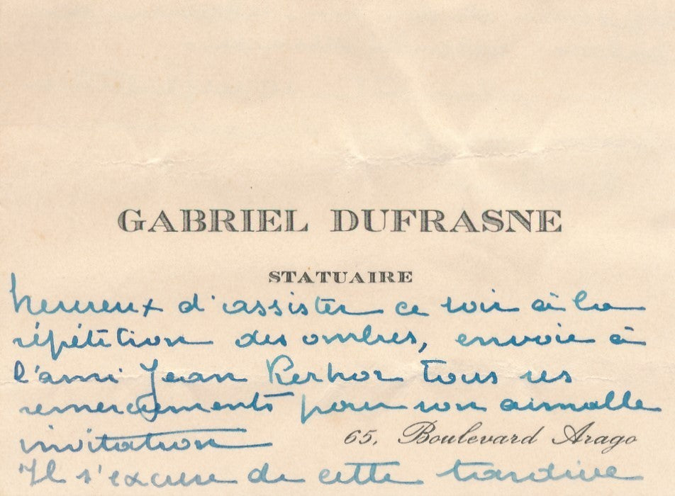 sculpteur Gabriel Dufrasne carte de visite autographe à Jean Kerhor Dupuis