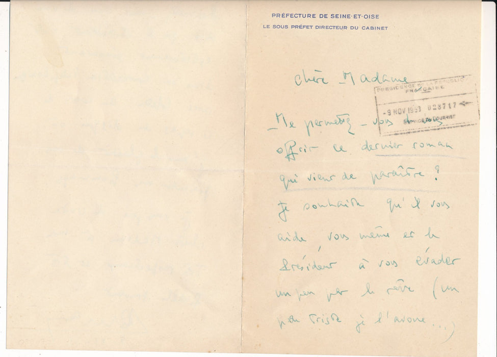 Louis Amade à Mme Vincent Auriol lettre autographe signée Colette 1953