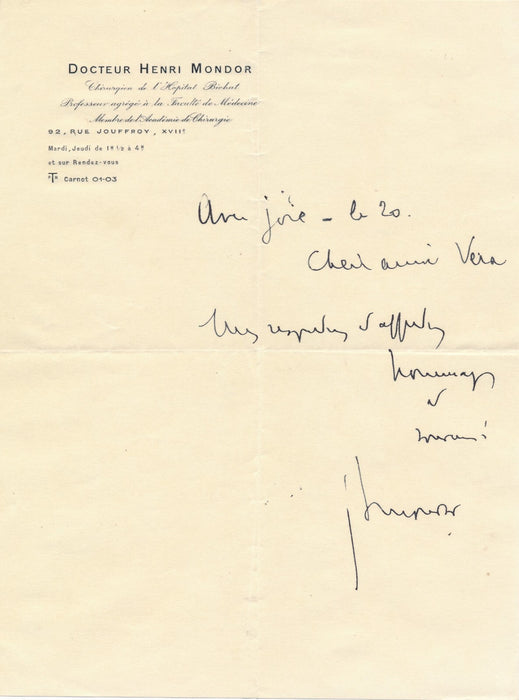 Henri Mondor 1 lettre autographe signée Jeannette Graux et 4 billets à Vera Bour