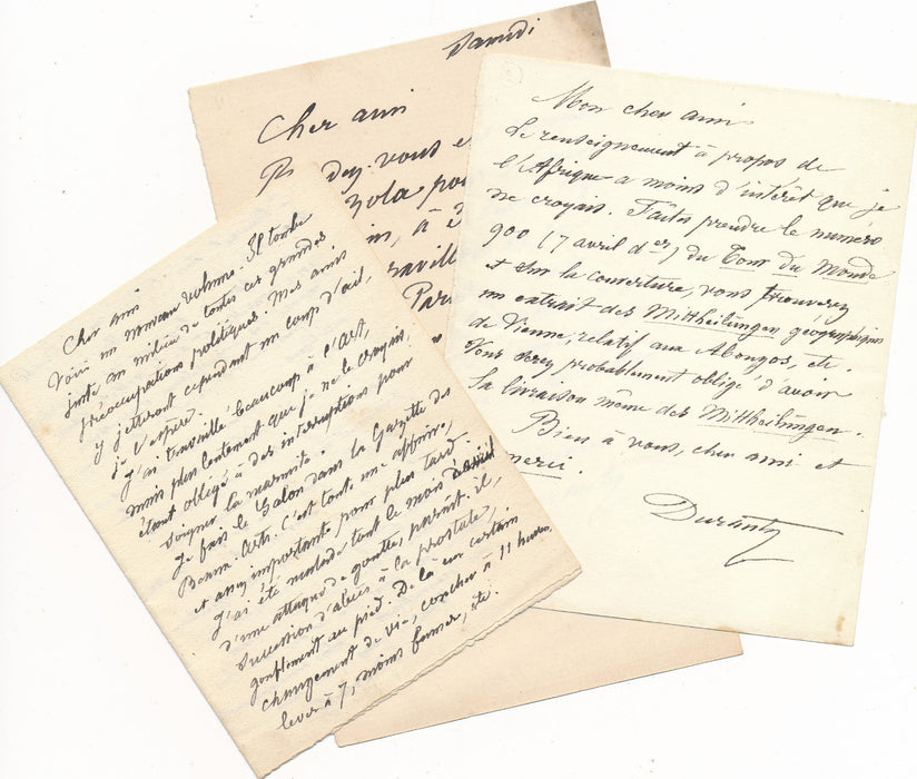 Louis Edmond Duranty 3 lettres autographes signées la sciences artistique