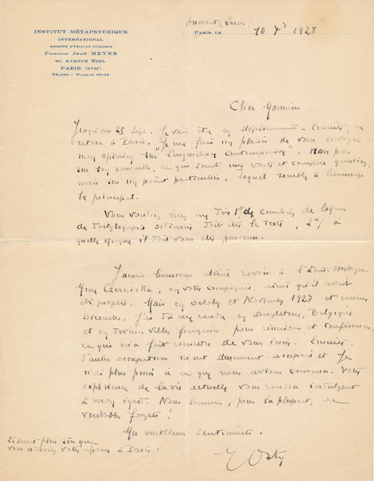 parapsychologie Eugène Osty institut métapsychique lettre autographe signée