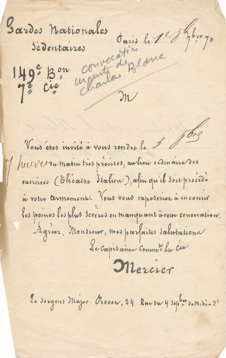 Guerre 1870 Charles Blanc pigeongramme garde nationaux lettre autographe signée