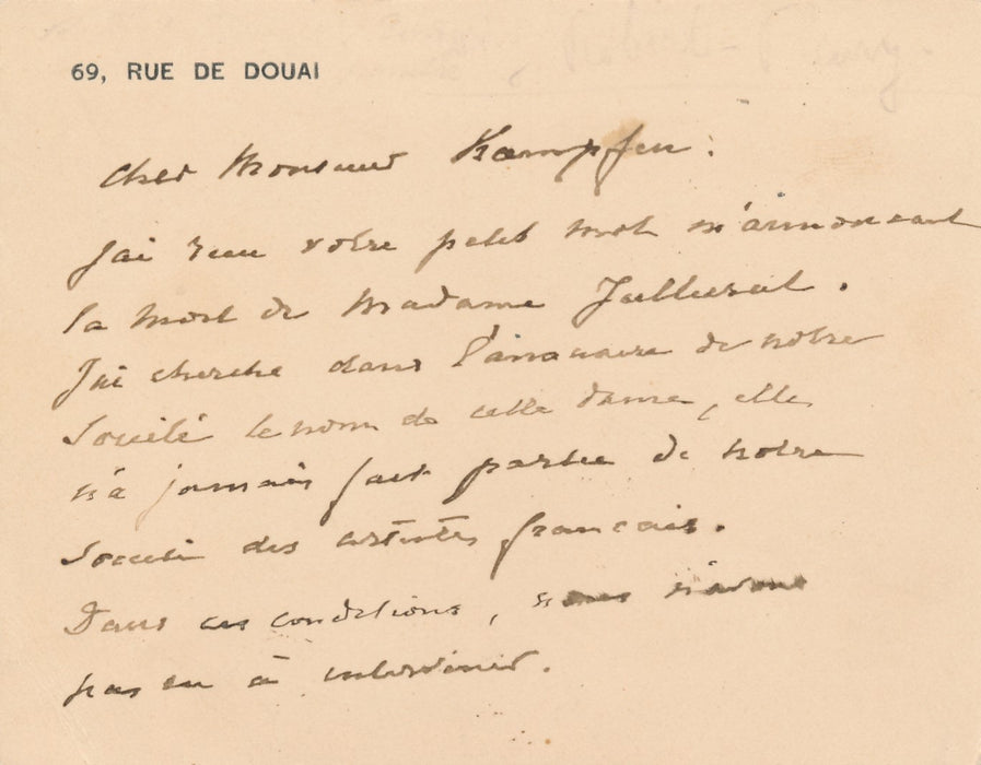 Tony Robert-Fleury à Albert Kaempfen carte autographe décès peintre femme