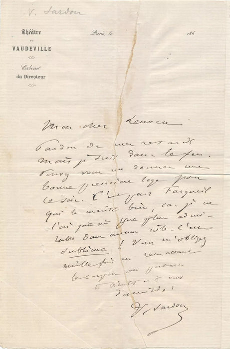Théâtre Victorien SARDOU 2 lettre autographe et 1 carte Anaïs Fargueil hommage