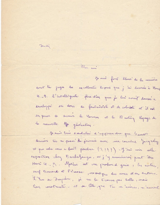 Louis LE BRETON Lettre autographe signée sur sa peinture et l'art