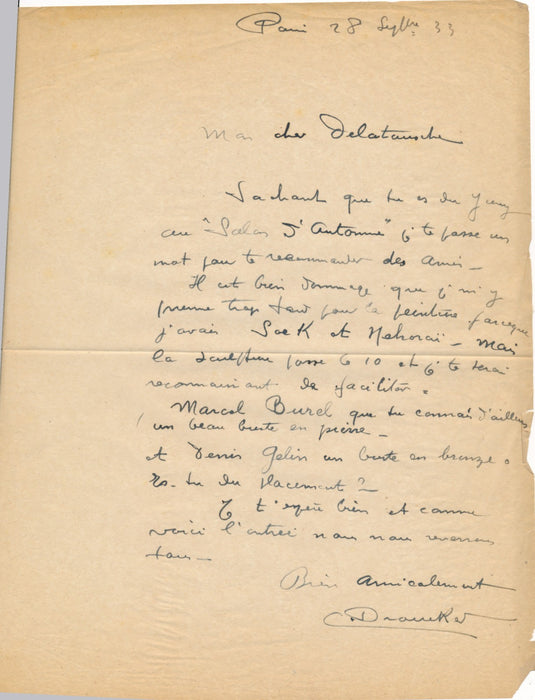 à Germain DELATOUSCHE salon Automne noms de peintres sculpteurs lettre autograhe
