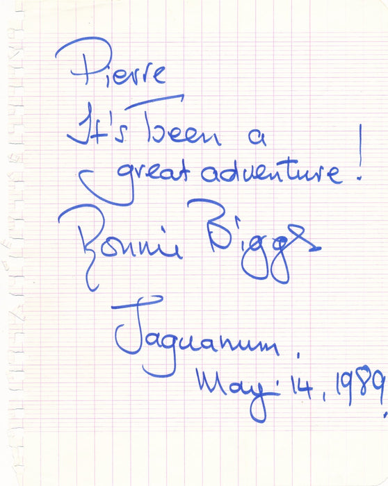 Ronnie Biggs Train Robbery dédicace autographe signée et note Sex Pistols
