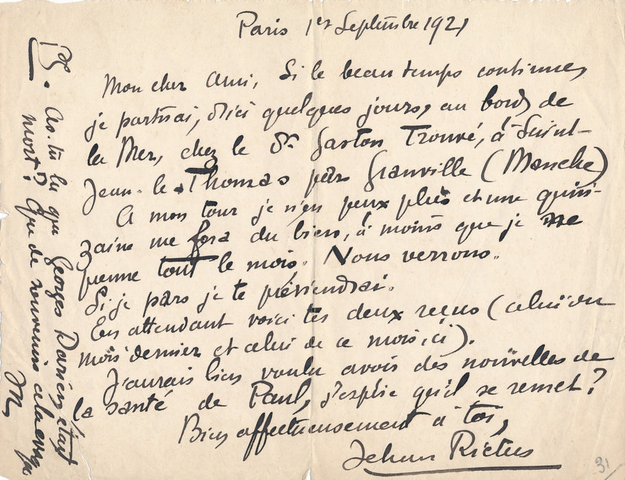 Jehan Rictus lettre autographe signée 1921 Georges Darien Saint Jean le Thomas