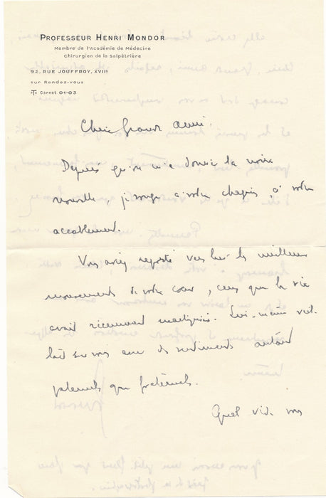 Henri Mondor 1 lettre autographe signée Jeannette Graux et 4 billets à Vera Bour